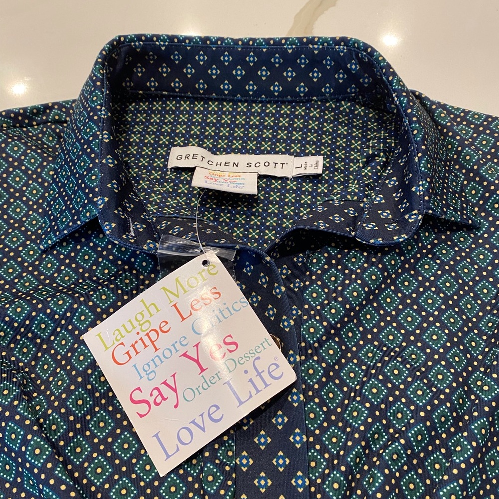 NWT Gretchen Scott Twist and Shout Diamond Dot navy and green dress size Large.